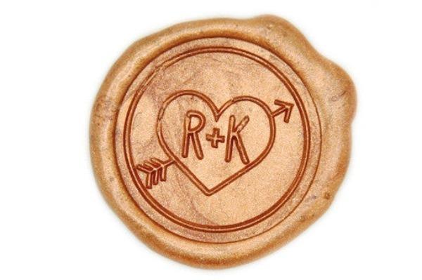 Heart and Arrow Double Initials Wax Seal Stamp - Backtozero B20 - 2initials, Arrow, bow, Copper Gold, double, Double Initials, genericlonghandle, heart, Heart Bead, letters, monogram, Wedding