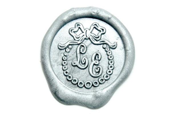 Ribbon Wreath Double Initials Wax Seal Stamp - Backtozero B20 - 2 initials, 2initials, bow, her, Monogram, Personalized, ribbon, Signature, signaturehandle, Silver, Wedding