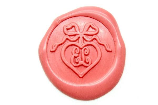 Ribbon Heart Double Initials Wax Seal Stamp - Backtozero B20 - 2 initials, 2initials, bow, her, Monogram, Personalized, pink, ribbon, Signature, signaturehandle, Wedding