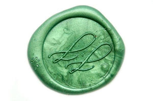 Linen & Leaf Modern Calligraphy Monogram Wax Seal Stamp - Backtozero B20 - 2 initials, 2initials, Calligraphy, collaboration, green, katie, metallic green, Monogram, Personalized, Signature, signaturehandle, Two initials