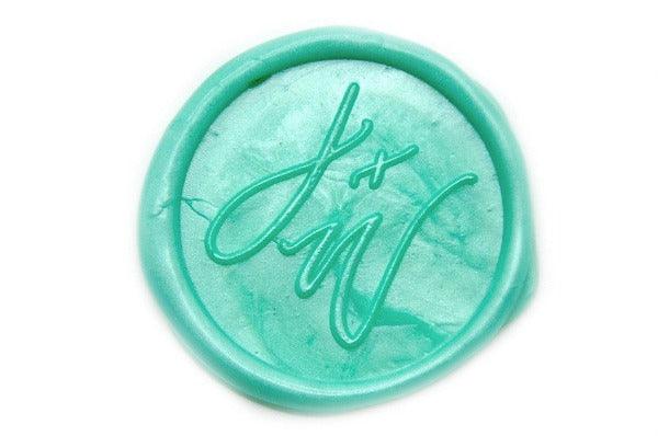 Linen & Leaf Modern Calligraphy Wedding Wax Seal Stamp - Backtozero B20 - 2 initials, 2initials, Calligraphy, collaboration, green, katie, Metallic Green, mini, Monogram, Personalized, Signature, signaturehandle, Two initials