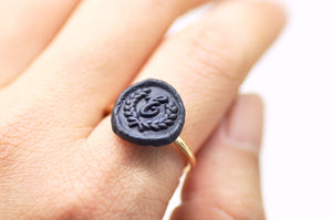 OOAK Laurel Wreath Initial Wax Seal Ring - Backtozero B20 - 1 initial, 1initial, Handmade, Initial, Laurel Wreath, Letter, Navy, Navy Blue, One Initial, OOAK, Personalized, ring, size 7, wreath