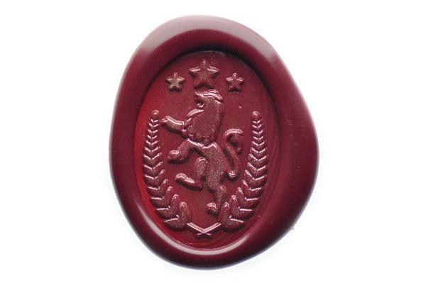 Lion Wreath Wax Seal Stamp - Backtozero B20 - Deep Red, genericlonghandle, Heraldic, Laurel Wreath, Lion, oval, star, wreath