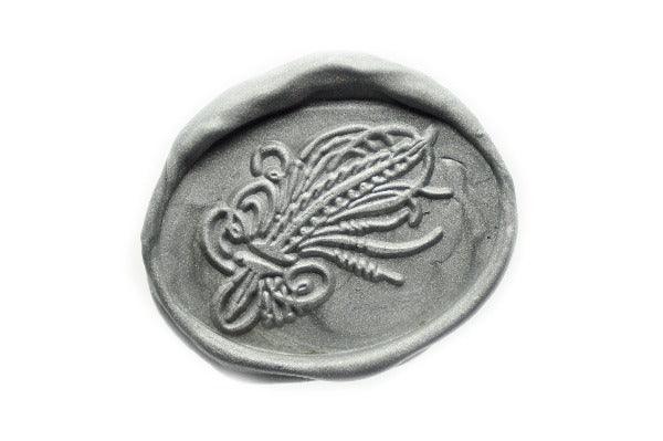 Calligraphy Flourish Feather Wax Seal Stamp - Backtozero B20 - Calligraphy, Decorative, feather, genericlonghandle, Metallic, oval, Silver