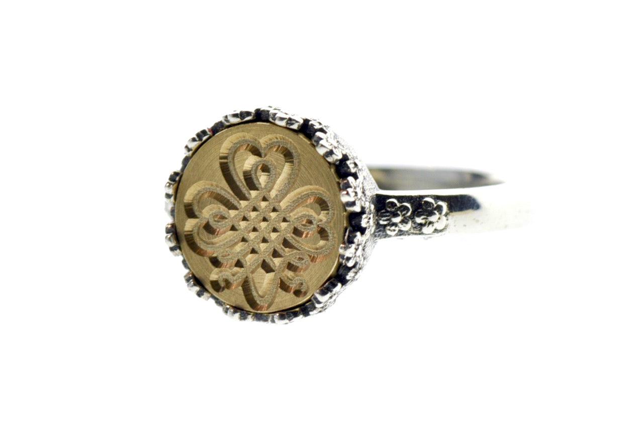 Shamrock Signet Ring - Backtozero B20 - 10fc, 10mm, 10mm ring, accessory, Champagne Gold, Clover, floral, Flower, her, jewelry, luck, Lucky, ring, seal, seal ring, signet ring, size 6, size 7, size 8, wax seal, wax seal ring, wax seal stamp, wreath