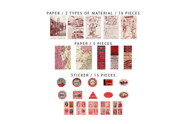 Retro Inspired Material Pack F | Red - Backtozero B20 - collage, collage material, journalling, material package, paper, Red, scrapbooking, sticker