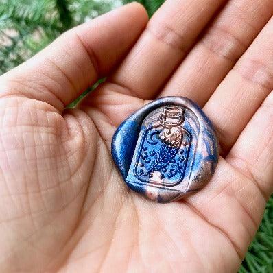 Mystical Bottle Moon Feather Wax Seal Stamp - Backtozero B20 - bottle, Copper, dome, feather, glass dome, gold, light gold, Metallic, midnight blue, moon, mystic, mystical, signaturehandle, star, stars