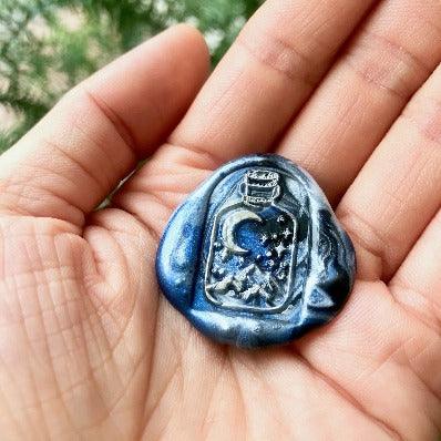 Mystical Bottle Moon Mountain Wax Seal Stamp - Backtozero B20 - black, bottle, dome, glass dome, Metallic, midnight blue, moon, mountain, mystic, mystical, signaturehandle, silver, star, stars
