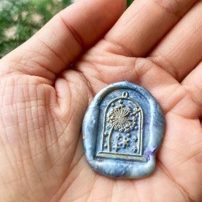 Mystical Glass Dome Dandelion Wax Seal Stamp - Backtozero B20 - botanic, Botanical, dandelion, dome, Flower, flowers, glass dome, light gold, Metallic, metallic blue, mystic, mystical, Plant, plants, purple, signaturehandle, star, stars