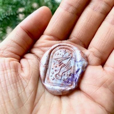 Mystical Dream Fly Me to the Moon Wax Seal Stamp - Backtozero B20 - copper gold, dome, glass dome, hand, hand gesture, Metallic, mystic, mystical, origami, paper plane, pearl, pearl white, plane, purple, signaturehandle, star, stars