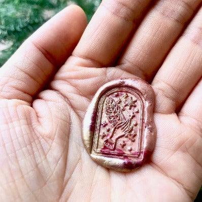 Mystical Dream Light as Feather Wax Seal Stamp - Backtozero B20 - copper gold, dark red, dome, feather, glass dome, gold, hand, hand gesture, Metallic, mystic, mystical, signaturehandle, star, stars