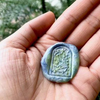 Mystical Dream Sail with the Stars Wax Seal Stamp - Backtozero B20 - boat, dome, glass dome, gray, hand, hand gesture, Metallic, metallic blue, metallic green, moss, mystic, mystical, origami, paper boat, pearl, pearl white, sail, sailing, signaturehandle, sky blue, star, stars