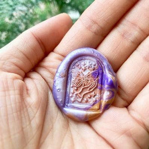 Mystical Dream Fly with the Butterfly Wax Seal Stamp - Backtozero B20 - bug, butterfly, dome, glass dome, Gold, hand, hand gesture, insect, Insects, lavender, Metallic, mystic, mystical, purple, signaturehandle, star, stars