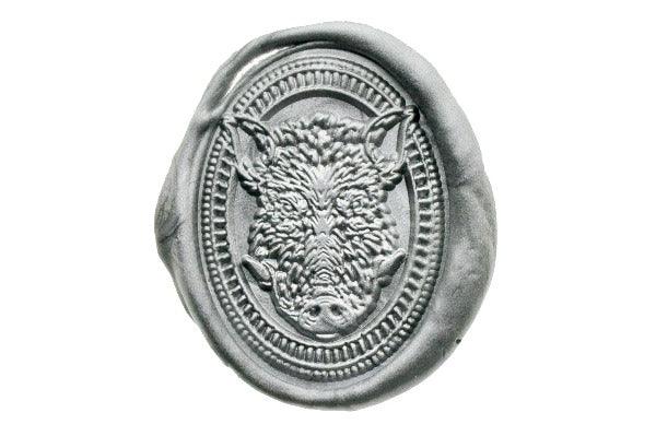 Wild Boar Portrait Wax Seal Stamp - Backtozero B20 - Animal, Animal Lover, boar, metallic pewter, oval, pig, Portrait, Signature, signaturehandle, wild pig