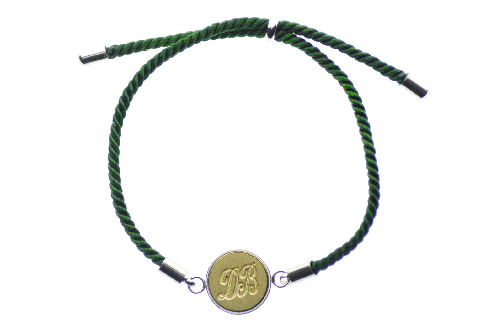Double Line Initials Signet Bracelet - Backtozero B20 - 10mm, 12mm, 2 initials, 2initials, adjustable, bracelet, brass, cord, cord bracelet, Custom, Double Initials, green, minimal, Personalized, signet, signet bracelet, stainless steel, twist cord, Two initials