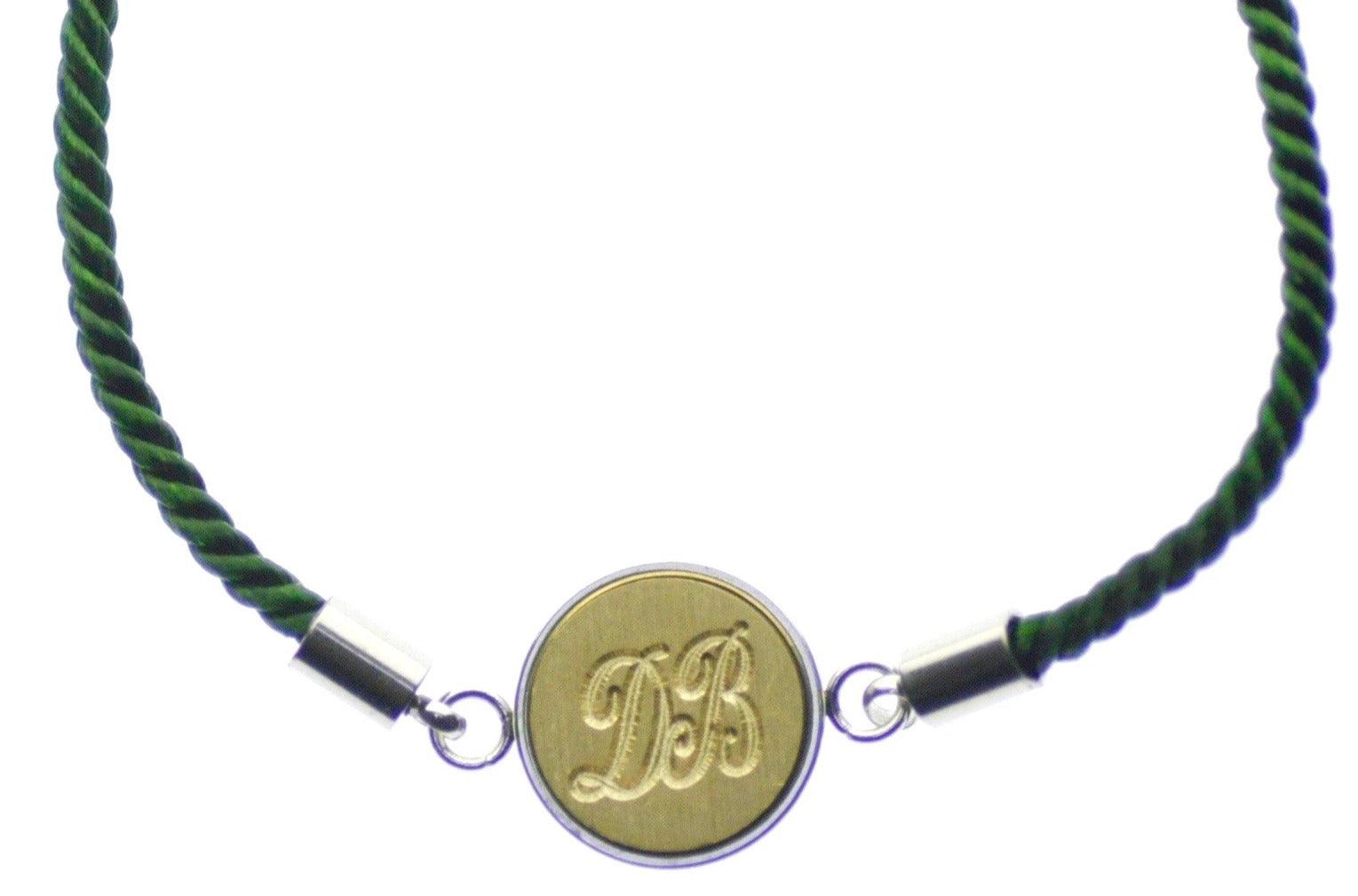 Double Line Initials Signet Bracelet - Backtozero B20 - 10mm, 12mm, 2 initials, 2initials, adjustable, bracelet, brass, cord, cord bracelet, Custom, Double Initials, green, minimal, Personalized, signet, signet bracelet, stainless steel, twist cord, Two initials