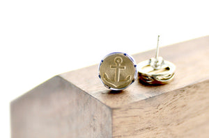 Anchor Scalloped Signet Earrings - Backtozero B20 - anchor, brass, earrings, nautical, scalloped earrings, scallopedearrings, signet, silver, stud, stud earrings