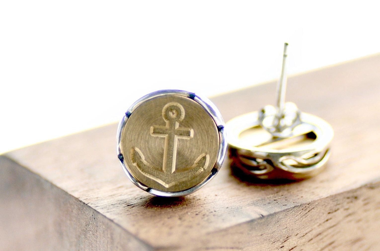 Anchor Scalloped Signet Earrings - Backtozero B20 - anchor, brass, earrings, nautical, scalloped earrings, scallopedearrings, signet, silver, stud, stud earrings