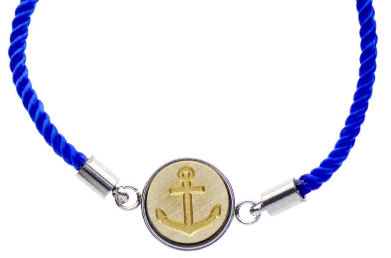 Anchor Signet Bracelet - Backtozero B20 - 10mm, 12mm, adjustable, anchor, blue, bracelet, brass, cord, cord bracelet, minimal, Nautical, royal blue, signet, signet bracelet, stainless steel, twist cord