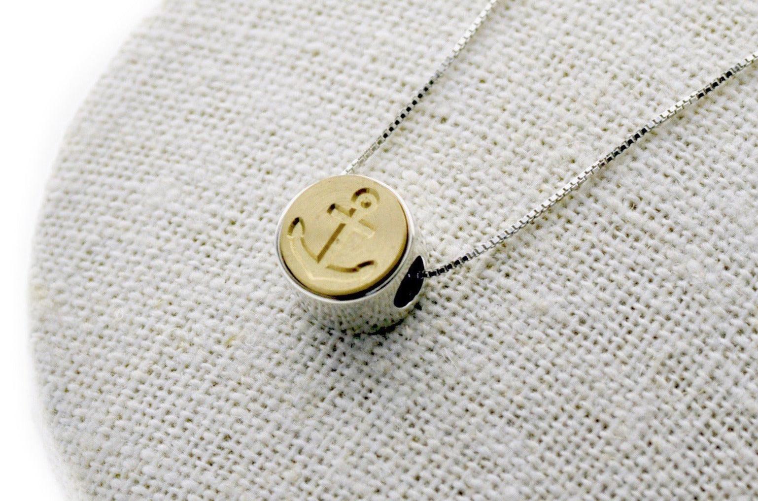 Anchor 2-Side Floating Signet Necklace - Backtozero B20 - 10mm, 10mm necklace, 2sidenecklace, Anchor, bead, brass, charm, floating, minimal, minimalnecklace, Nautical, necklace, signet, signet necklace, silver