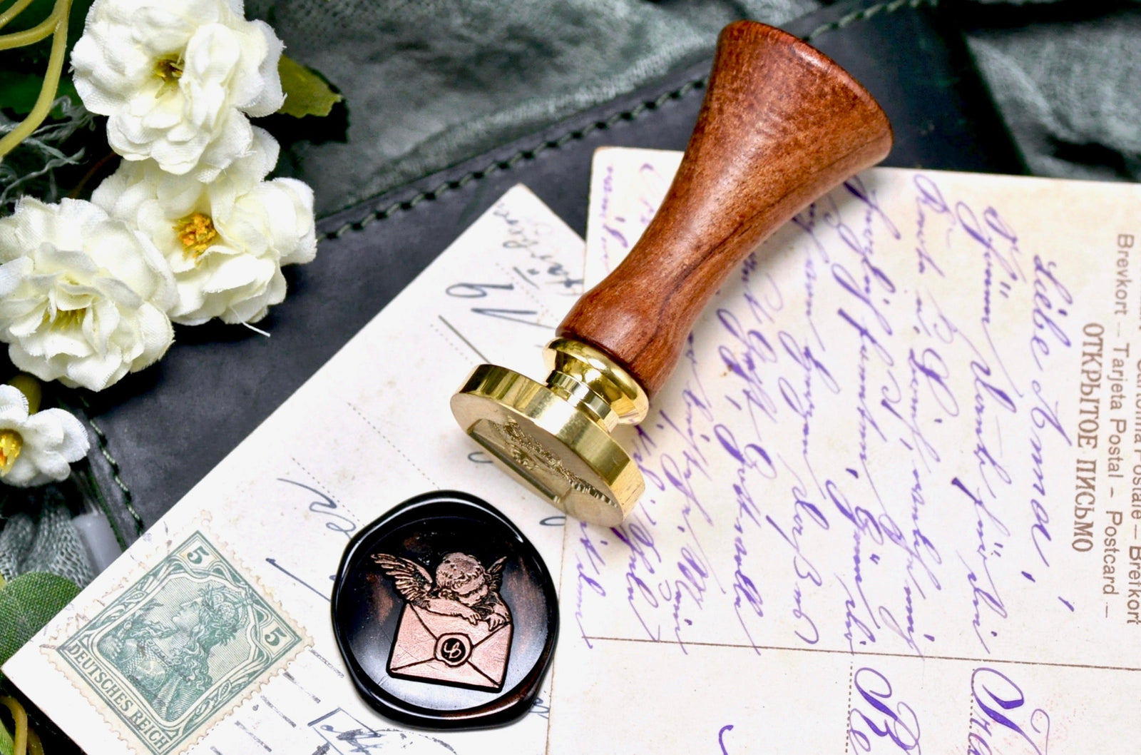 Cherub Napping on Envelope Wax Seal Stamp - Backtozero B20 - angel, black, cherub, cupid, envelope, Letter, Love, mail, romantic, Signature, signaturehandle, silver highlight, valentine