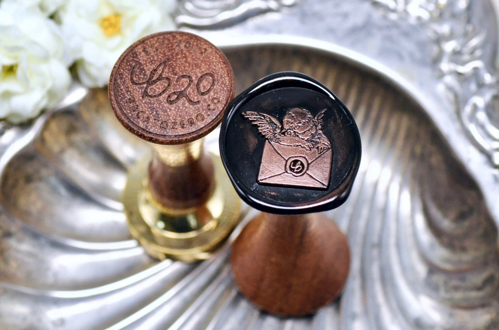 Cherub Napping on Envelope Wax Seal Stamp - Backtozero B20 - angel, black, cherub, cupid, envelope, Letter, Love, mail, romantic, Signature, signaturehandle, silver highlight, valentine