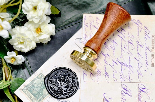 Cherub Thinking Wax Seal Stamp - Backtozero B20 - angel, black, cherub, cupid, dup-review-publication, latin motto, Love, Message, romantic, Signature, signaturehandle, silver highlight, valentine