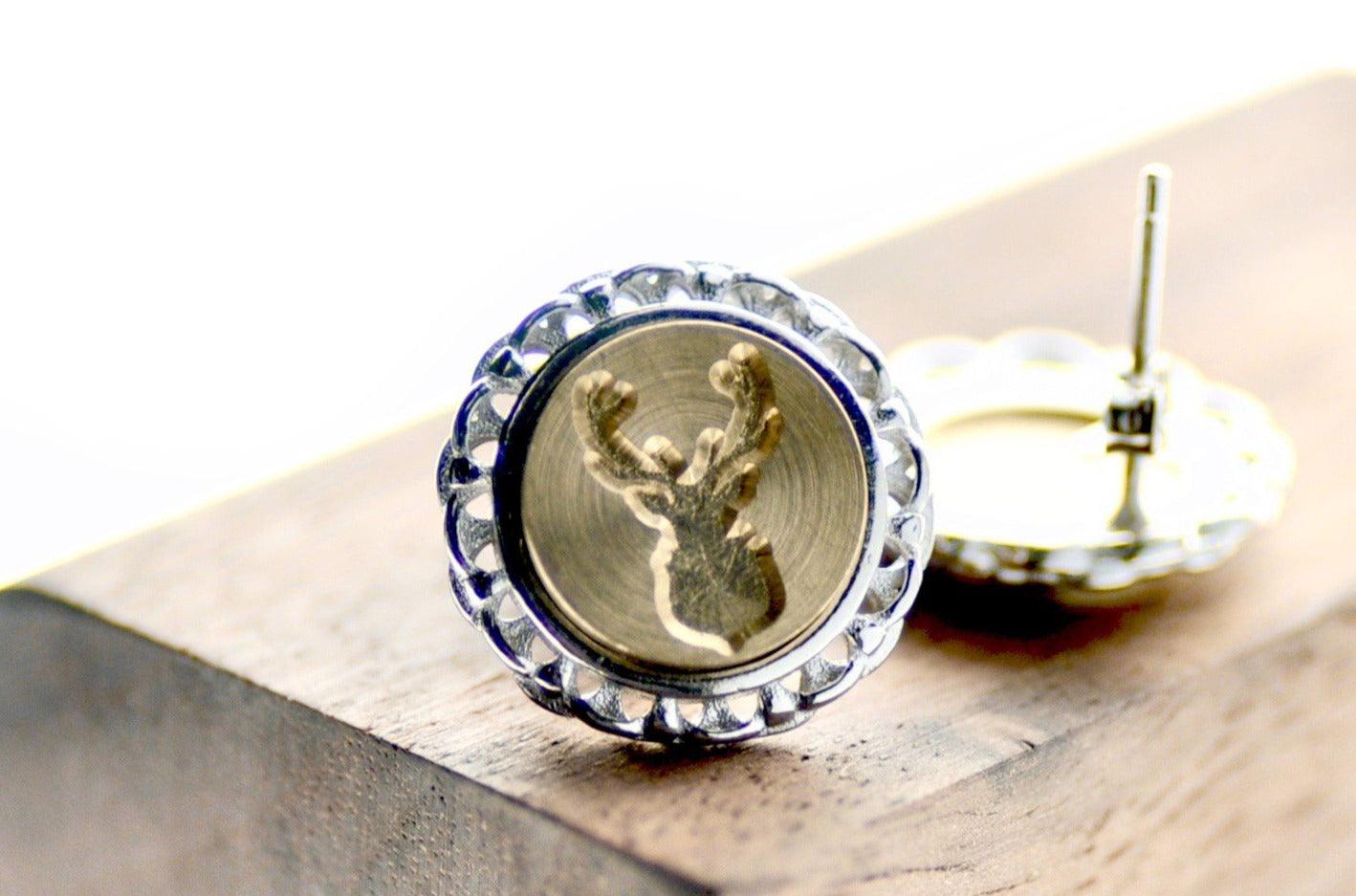 Antler Lace Signet Earrings - Backtozero B20 - brass, Deer, deer stag, earrings, lace, lace earrings, laceearrings, signet, silver, stud, stud earrings