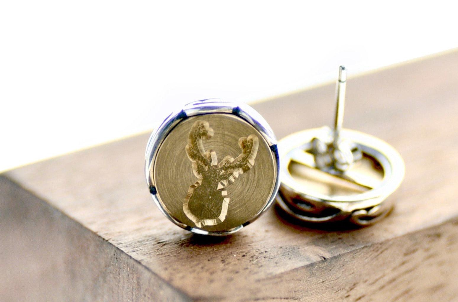 Antler Scalloped Signet Earrings - Backtozero B20 - antler, brass, deer, deer stag, earrings, scalloped earrings, scallopedearrings, signet, silver, stud, stud earrings