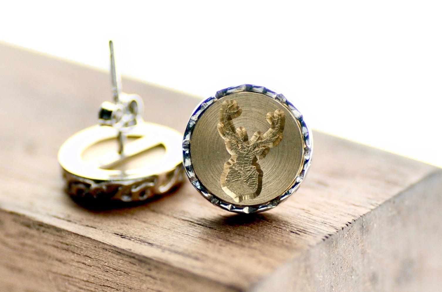 Antler Filigree Signet Earrings - Backtozero B20 - brass, Deer, deer stag, earrings, filigree, filigree earrings, filigreeearrings, signet, silver, stud, stud earrings
