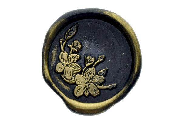 Apple Blossom Wax Seal Stamp - Backtozero B20 - black, blossom, botanic, Botanical, gold metallic powder, leaf, leaves, metallic powder, Nature, newarrivals, Signature, signaturehandle, spring