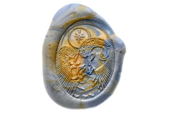 Starburst Zodiac Aries Wax Seal Stamp - Backtozero B20 - animal, goat, light gold, marble, marble wax, Metallic Blue, nature, oval, ram, Signature, signaturehandle, Silver, starburst, zodiac