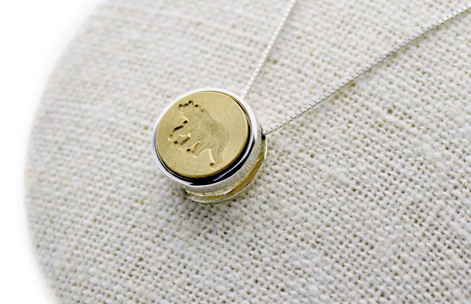 Bear Floating Signet Necklace - Backtozero B20 - 12mm, 12mm necklace, bead, Bear, brass, charm, floating, Grizzly Bear, minimal, minimalnecklace, necklace, signet, signet necklace, silver