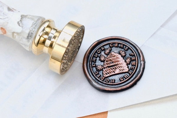 Bee Hive Latin Motto Wax Seal Stamp | S - Backtozero B20 - antique, Bee, hive, latin, latin motto, Message, Retro, Signature, signaturehandle, work hard