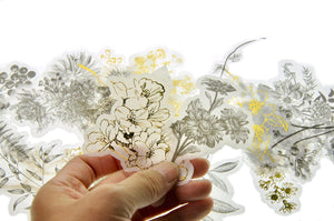 Translucent Stickers Set | Black & Gold Foil Botanicals - Backtozero B20 - Black, Gold, gold foil, paper, sticker, translucent, vintage, washi