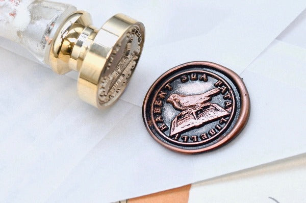 Bird & Book Latin Motto Wax Seal Stamp | S - Backtozero B20 - antique, determination, knowledge, latin, latin motto, Message, Retro, Signature, signaturehandle, wisdom