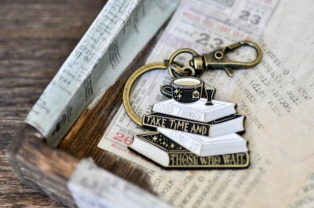 Good Things Take Time Books Keychain - Backtozero B20 - book, charm, Come to those who wait, enamel, enamel keychain, Good things take time, her, him, journal charm, keychain, lapel, metal, metal charm, newarrivals, soft enamel, tea, tea bag, wax seal