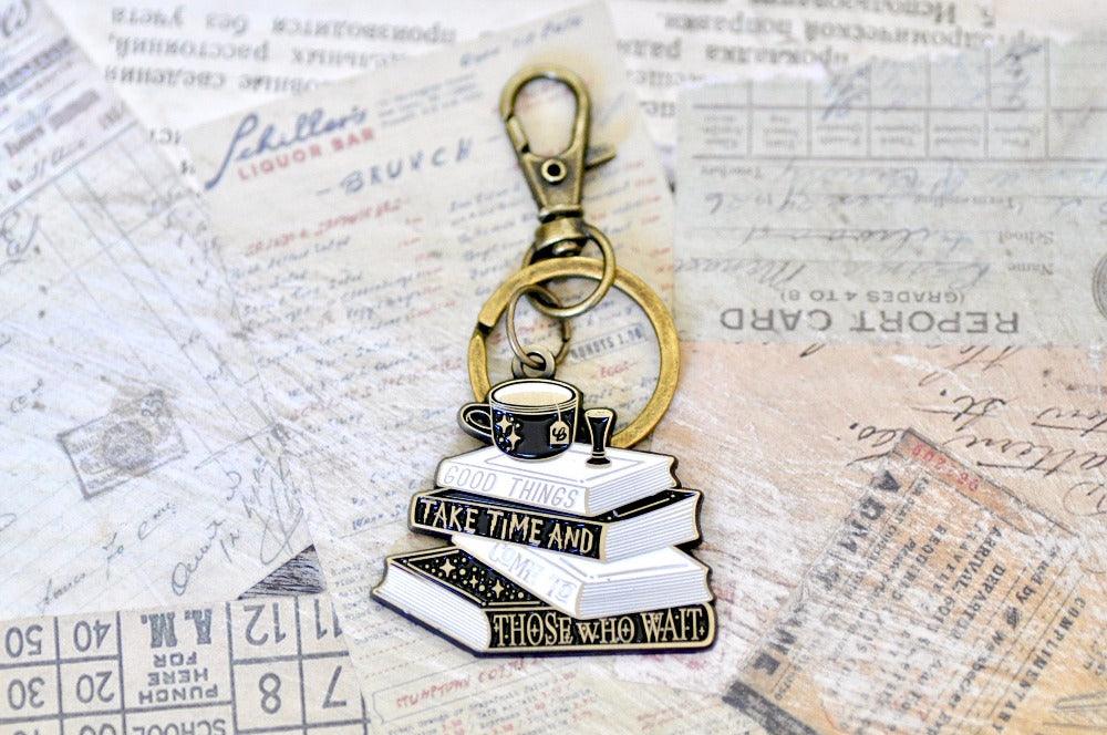 Good Things Take Time Books Keychain - Backtozero B20 - book, charm, Come to those who wait, enamel, enamel keychain, Good things take time, her, him, journal charm, keychain, lapel, metal, metal charm, newarrivals, soft enamel, tea, tea bag, wax seal