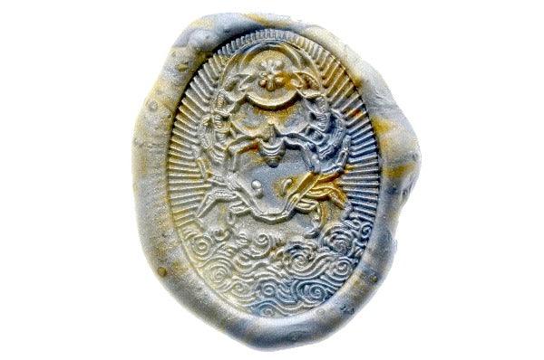 Starburst Zodiac Cancer Wax Seal Stamp - Backtozero B20 - crab, light gold, marble, marble wax, Metallic Blue, nature, oval, Signature, signaturehandle, Silver, starburst, zodiac