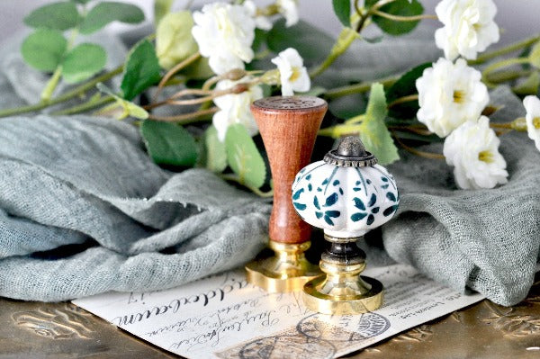 Ceramic Pumpkin Wax Seal Handle | White & Green Blue - Backtozero B20 - blue, ceramic, handle, pumpkin, white