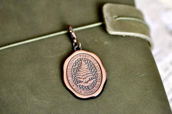 Message Wax Seal Enamel Charm | Fern | Patience - Backtozero B20 - antique copper, botanic, Botanical, charm, Come to those who wait, Copper, enamel, fern, Good things take time, her, him, journal charm, lapel, metal, Nature, newarrivals, pendant, Plant, plants, soft enamel, starry, wax seal