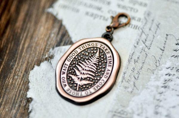 Message Wax Seal Enamel Charm | Fern | Patience - Backtozero B20 - antique copper, botanic, Botanical, charm, Come to those who wait, Copper, enamel, fern, Good things take time, her, him, journal charm, lapel, metal, Nature, newarrivals, pendant, Plant, plants, soft enamel, starry, wax seal