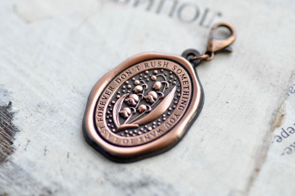 Message Wax Seal Enamel Charm | Lily of the Valley - Backtozero B20 - antique copper, botanic, Botanical, charm, Copper, enamel, enamel charm, Flower, her, him, journal charm, lapel, lily of the valley, metal, Nature, pendant, Plant, plants, soft enamel, starry, wax seal