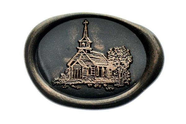 Wedding Chapel Sketch Wax Seal Stamp | B - Backtozero B20 - antique copper, architecture, chapel, church, copper powder, cross, newarrivals, oval, Signature, signaturehandle, sketch, wedding