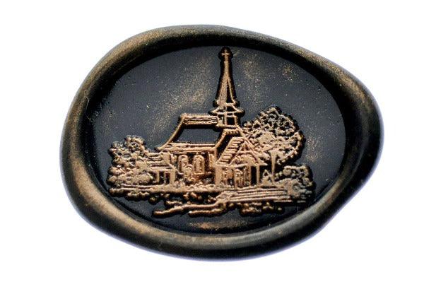Wedding Chapel Sketch Wax Seal Stamp | C - Backtozero B20 - antique copper, architecture, chapel, church, copper powder, cross, newarrivals, oval, Signature, signaturehandle, sketch, wedding