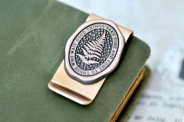 Message Wax Seal Enamel Journel Clip | Fern | Patience - Backtozero B20 - antique copper, botanic, Botanical, clip, Come to those who wait, Copper, enamel, fern, Good things take time, her, him, journal clip, lapel, message pin, metal, money clip, Nature, newarrivals, Plant, plants, soft enamel, starry, wax seal