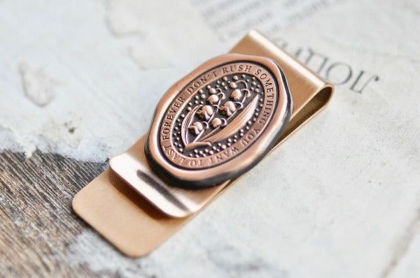Message Wax Seal Enamel Journel Clip | Lily of the Valley - Backtozero B20 - antique copper, botanic, Botanical, clip, Copper, enamel, Flower, her, him, journal clip, lapel, message pin, metal, money clip, Nature, Plant, plants, soft enamel, starry, wax seal