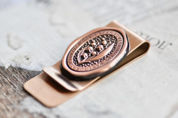 Message Wax Seal Enamel Journel Clip | Lily of the Valley - Backtozero B20 - antique copper, botanic, Botanical, clip, Copper, enamel, Flower, her, him, journal clip, lapel, message pin, metal, money clip, Nature, Plant, plants, soft enamel, starry, wax seal