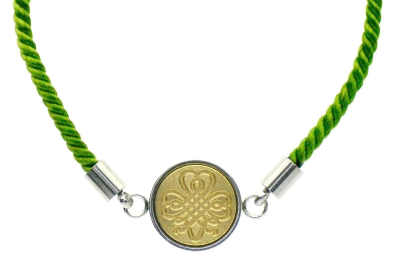Shamrock Signet Bracelet - Backtozero B20 - 10mm, 12mm, adjustable, botanical, bracelet, brass, clover, cord, cord bracelet, green, leaf, leaves, luck, lucky, minimal, plant, shamrock, signet, signet bracelet, stainless steel, twist cord