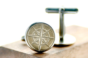 Compass Signet Cufflinks - Backtozero B20 - 14mm, brass, cufflinks, him, signet, stainless steel